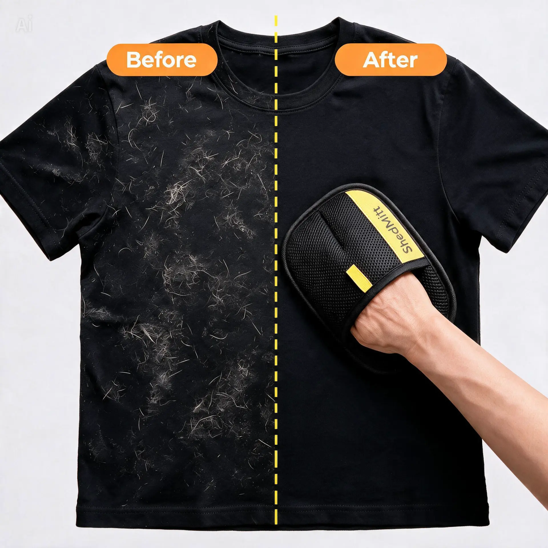 Before and after: black t-shirt covered in pet hair cleaned with the ShedMitt glove