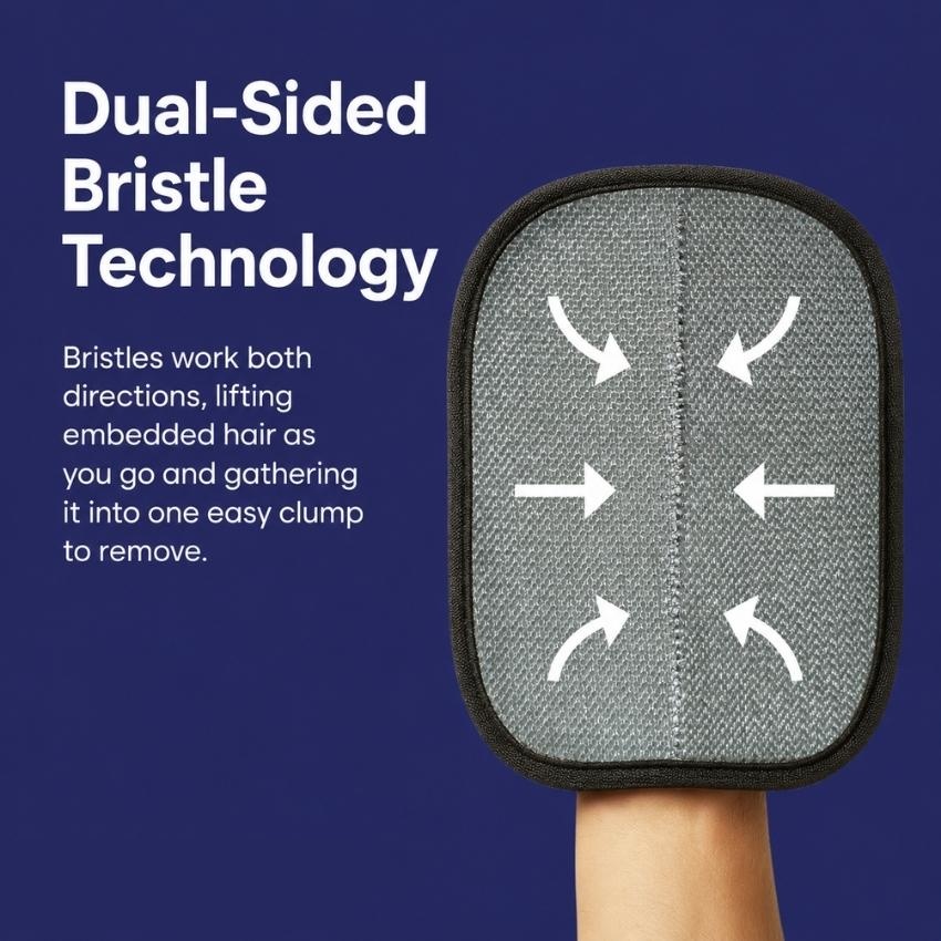 Dual-sided bristle technology infographic showing bristles lifting hair in both directions