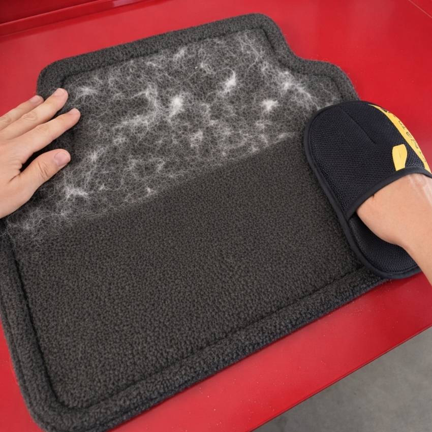 Car floor mat covered in embedded pet hair being cleaned with the ShedMitt glove